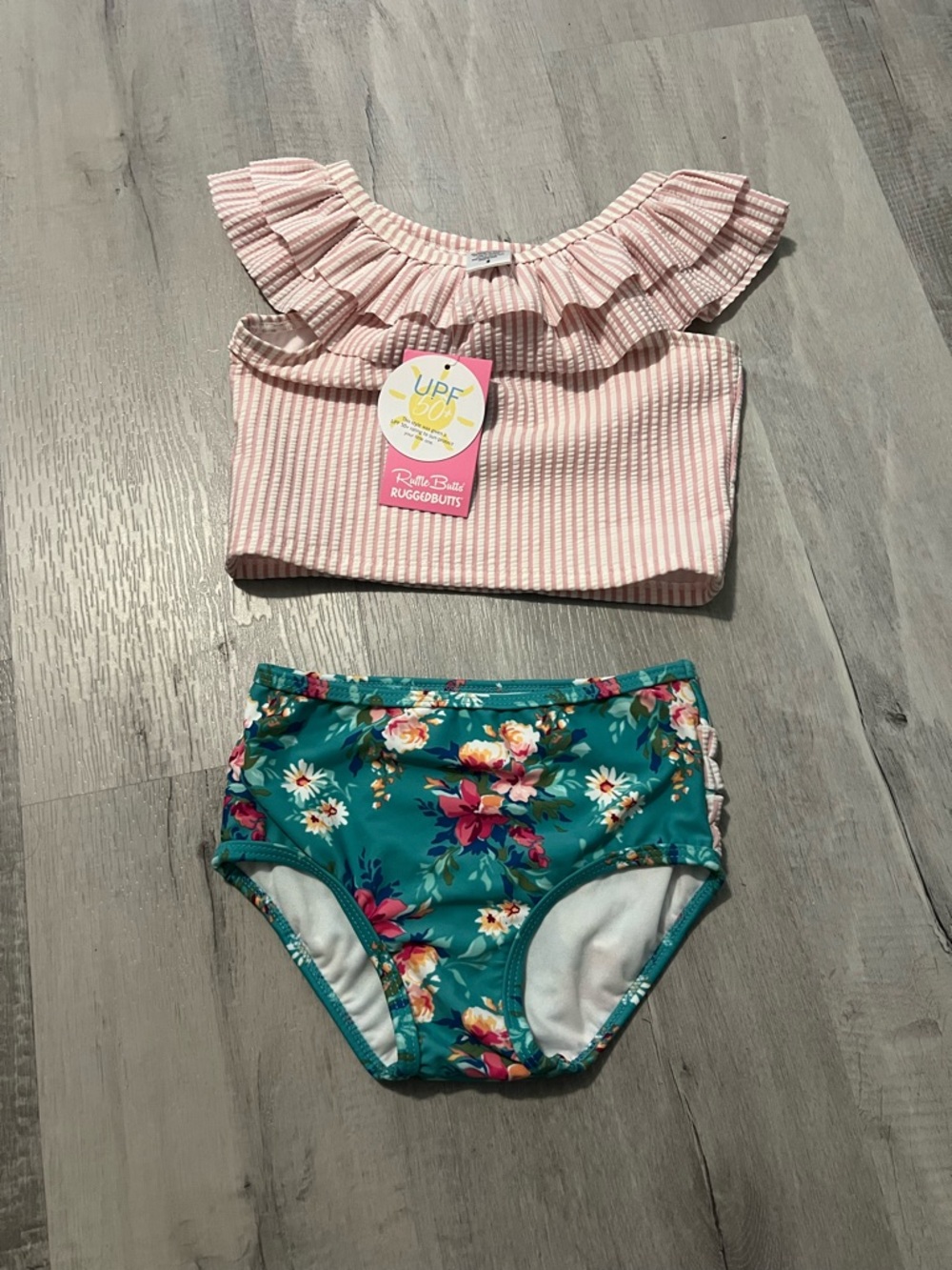 NWT Ruffle Butts Pink Ruffle Tankini Top with Teal Floral Bottom